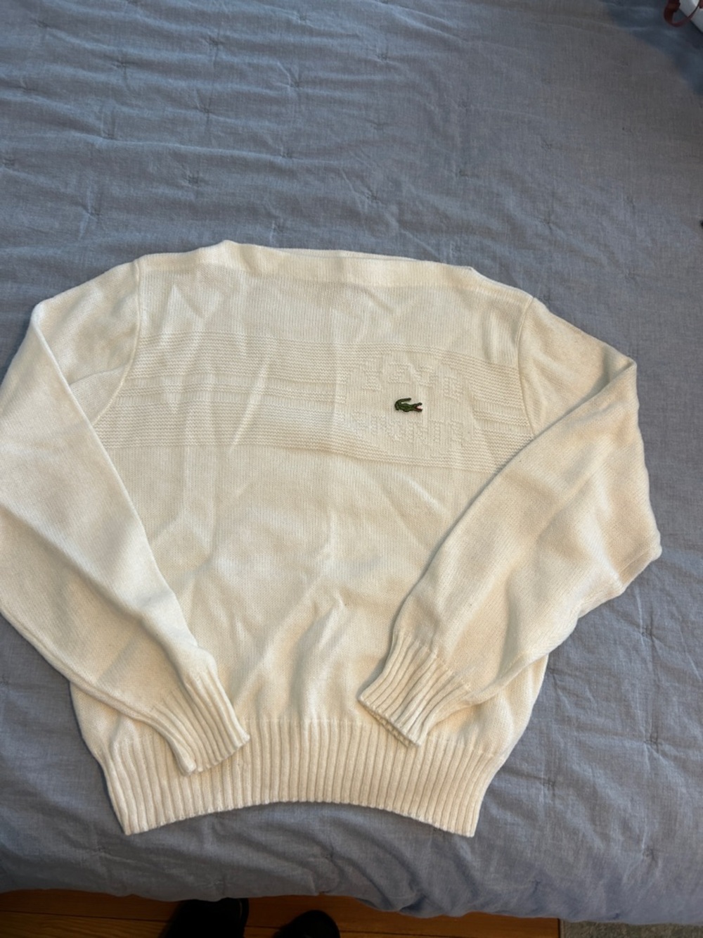 Lacoste White Knit Crewneck Sweater with Green Crocodile